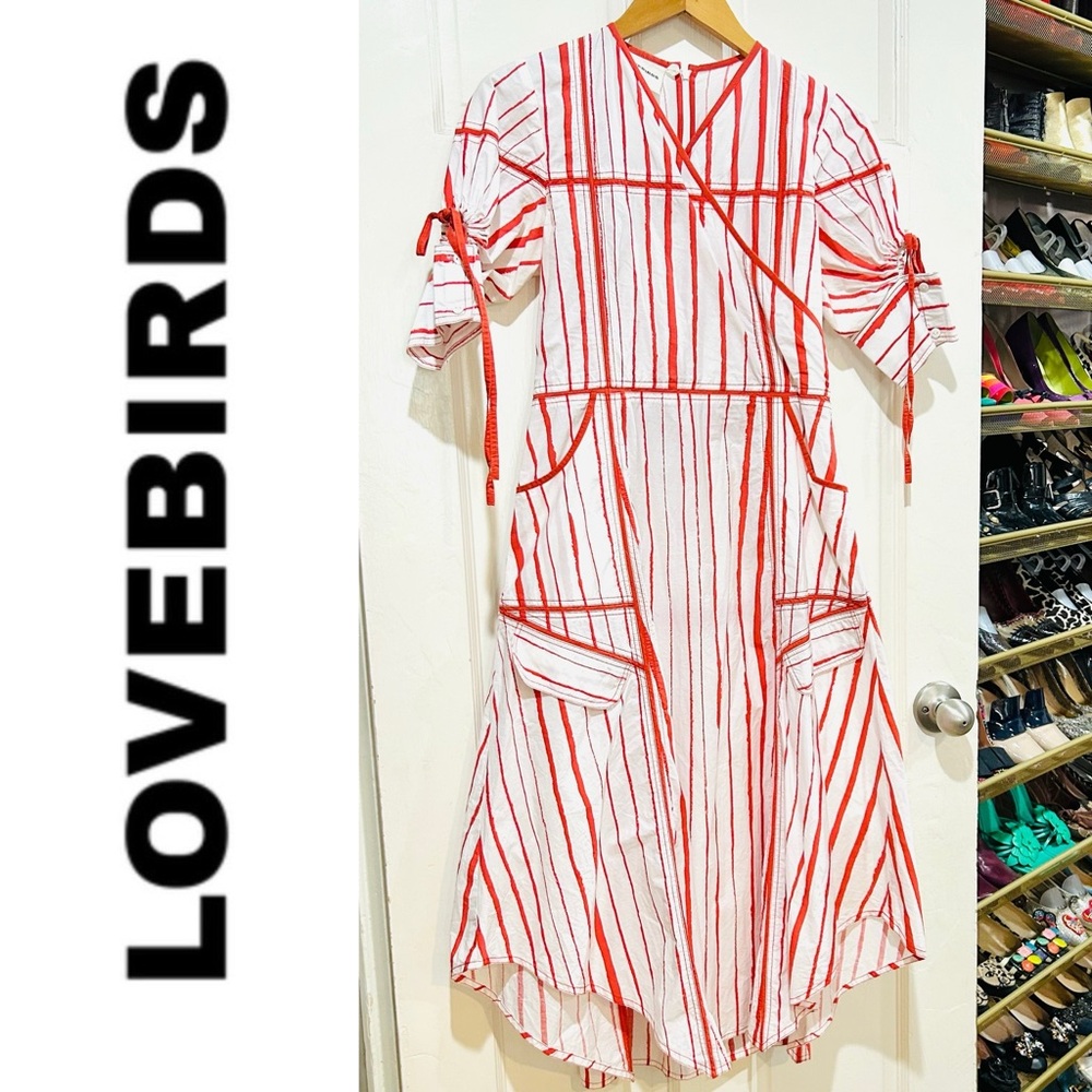 LOVEBIRDS Red & White Striped Designer High-Low Midi Dress 100% Cotton Size XS